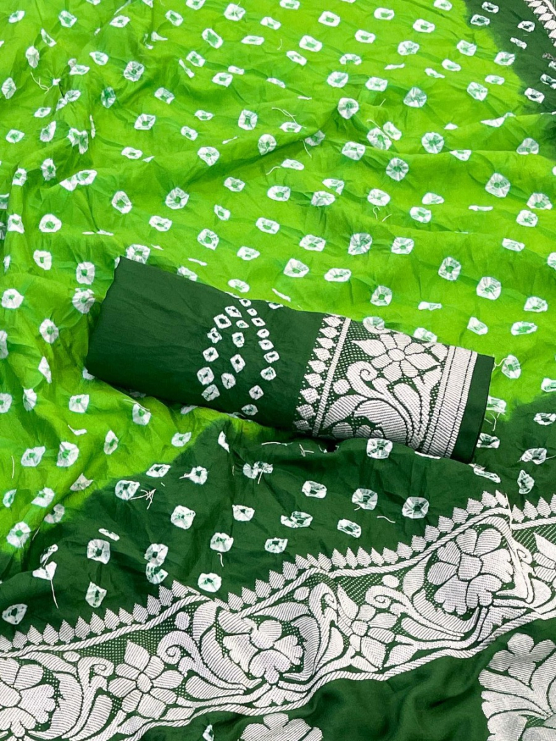 Dual-Tone Green Shades Dola Silk Bandhej Saree