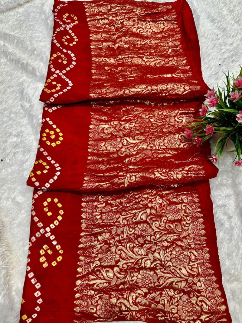 Elegant  Festive Red Gaji Silk Bandhej Saree
