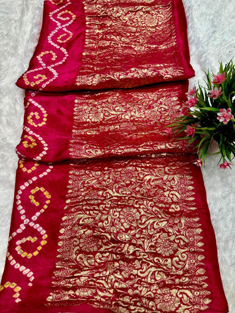 Elegant Ethnic Rani Pink Gaji Silk Bandhej Saree