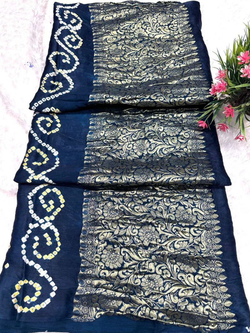  Ethnic Festive Navy Blue Pure Gaji Silk Bandhej Saree