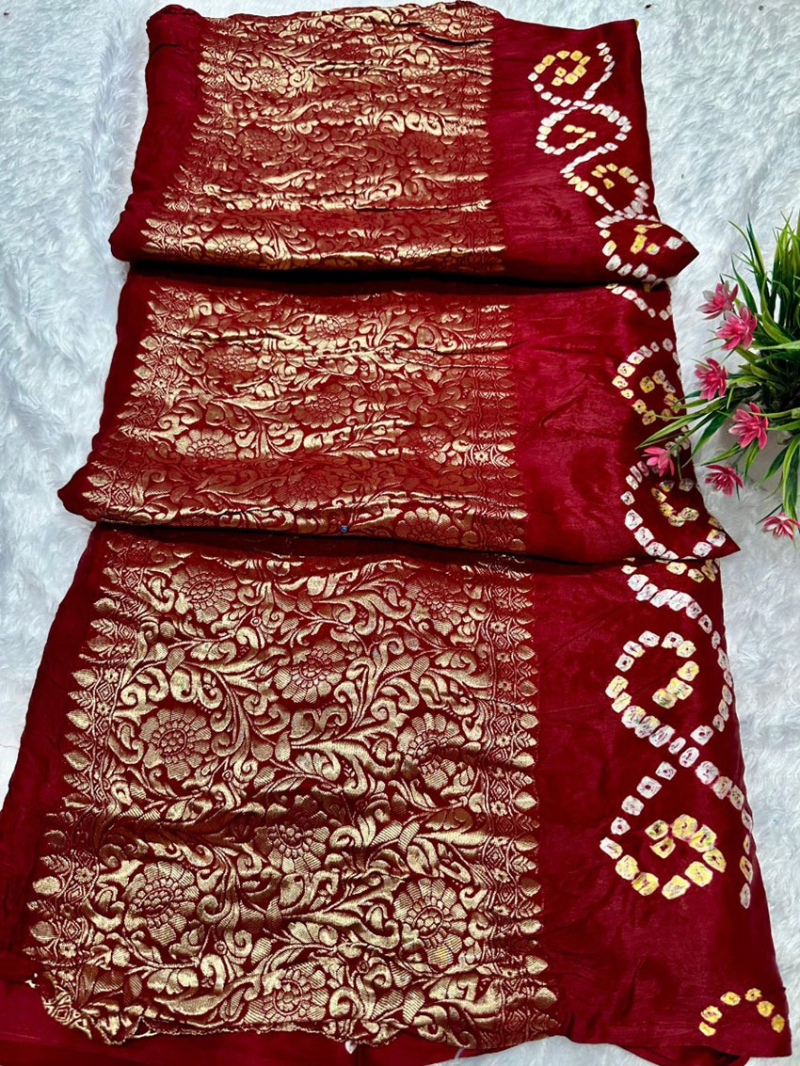 Traditional Festive Maroon Pure Gaji Silk Bandhej Saree