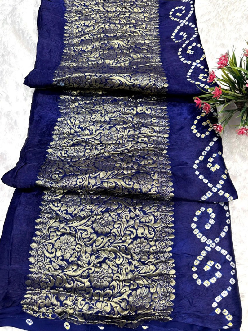 Festive Traditional Royal Blue Pure  Gaji Silk Bandhej Saree