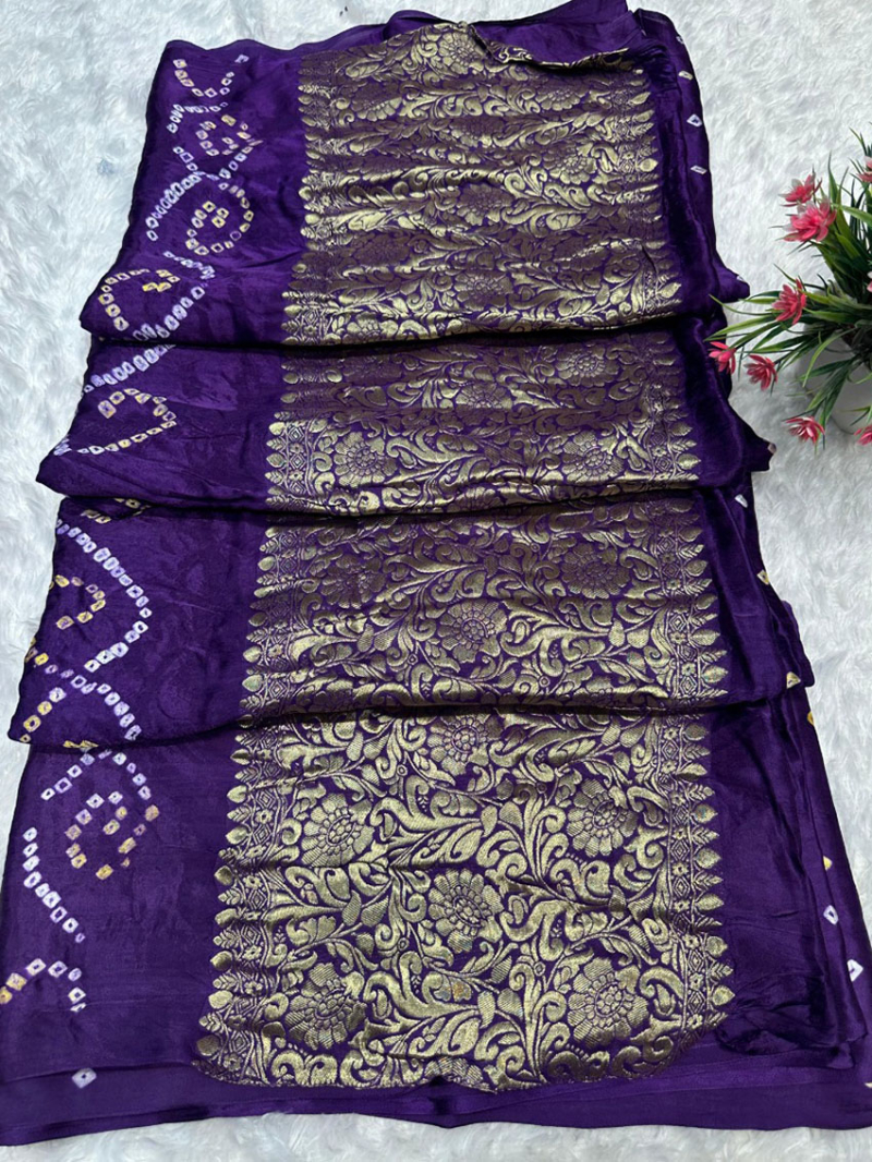 Traditional Festive Royal Purple Pure Gaji Silk Bandhej Saree