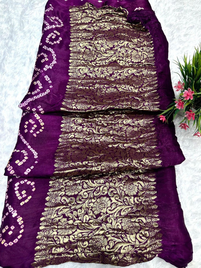 Authentic  Ethnic Festive Purple Gaji Silk Bandhej Saree