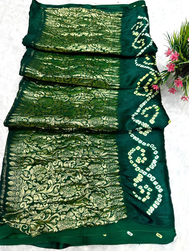 Festive Traditional Green Pure Gaji Silk Bandhej Saree