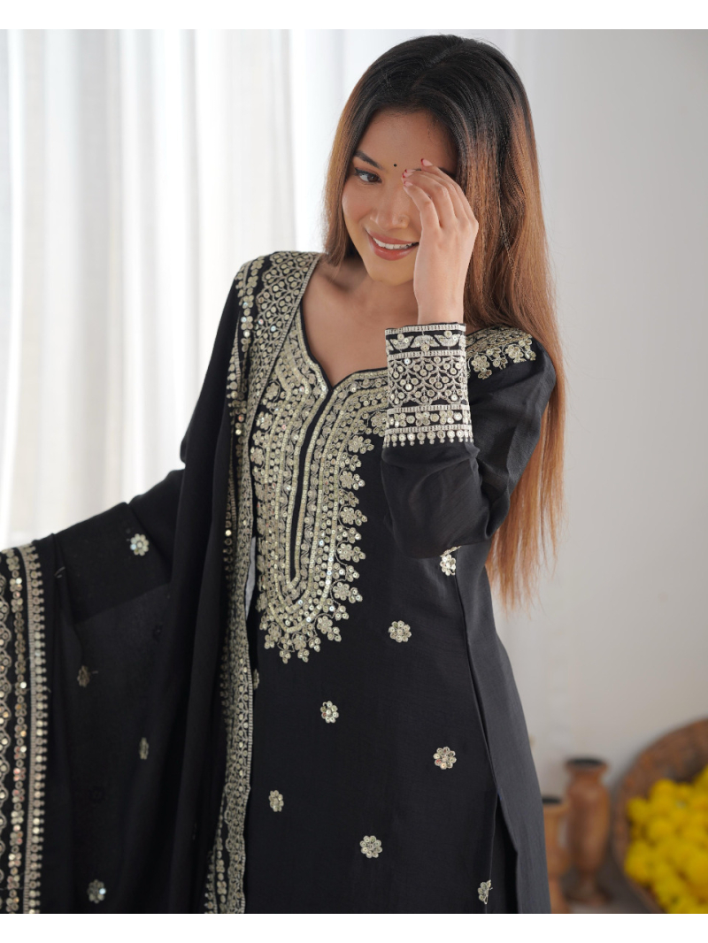 Elegant Ehtnic  Black With  Embroidered Sharara Plazo Suit