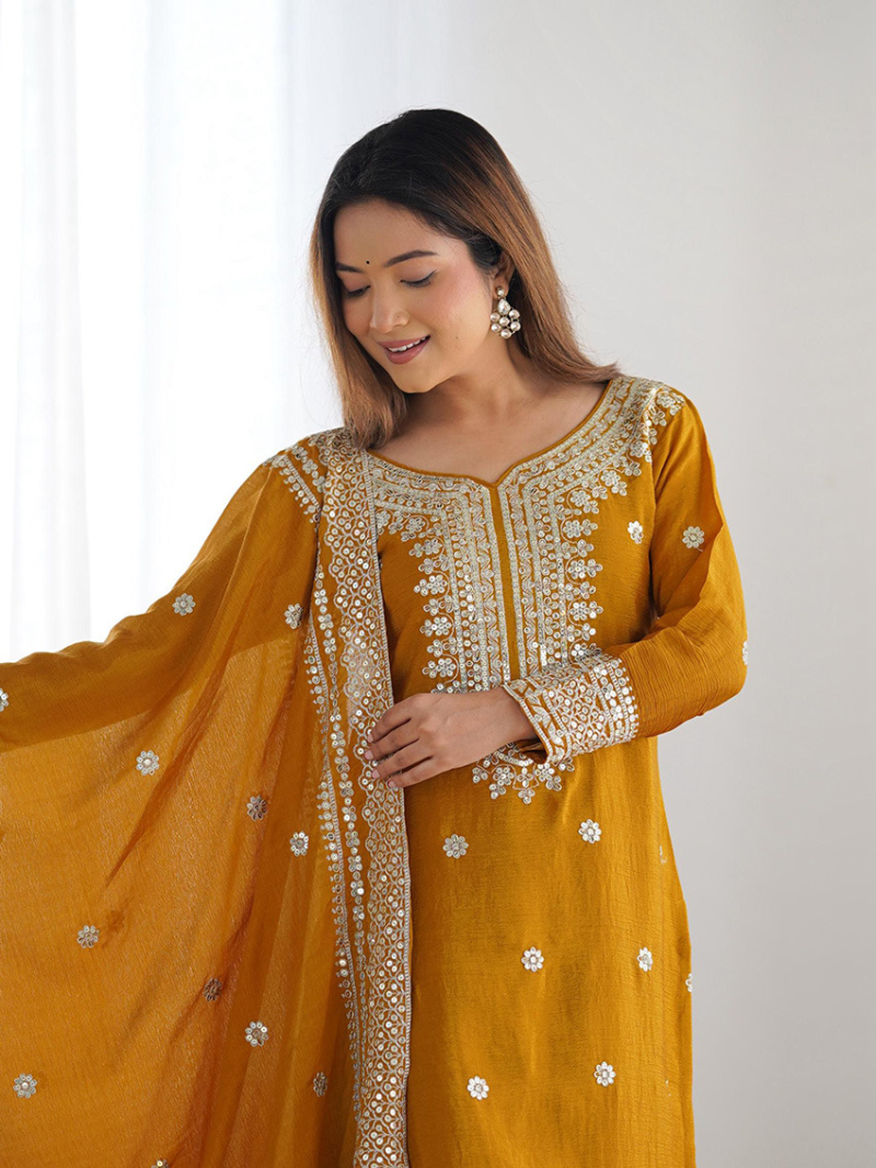 Elegant Ethnic  Mustard With Embroidered Sharara Plazo Suit 