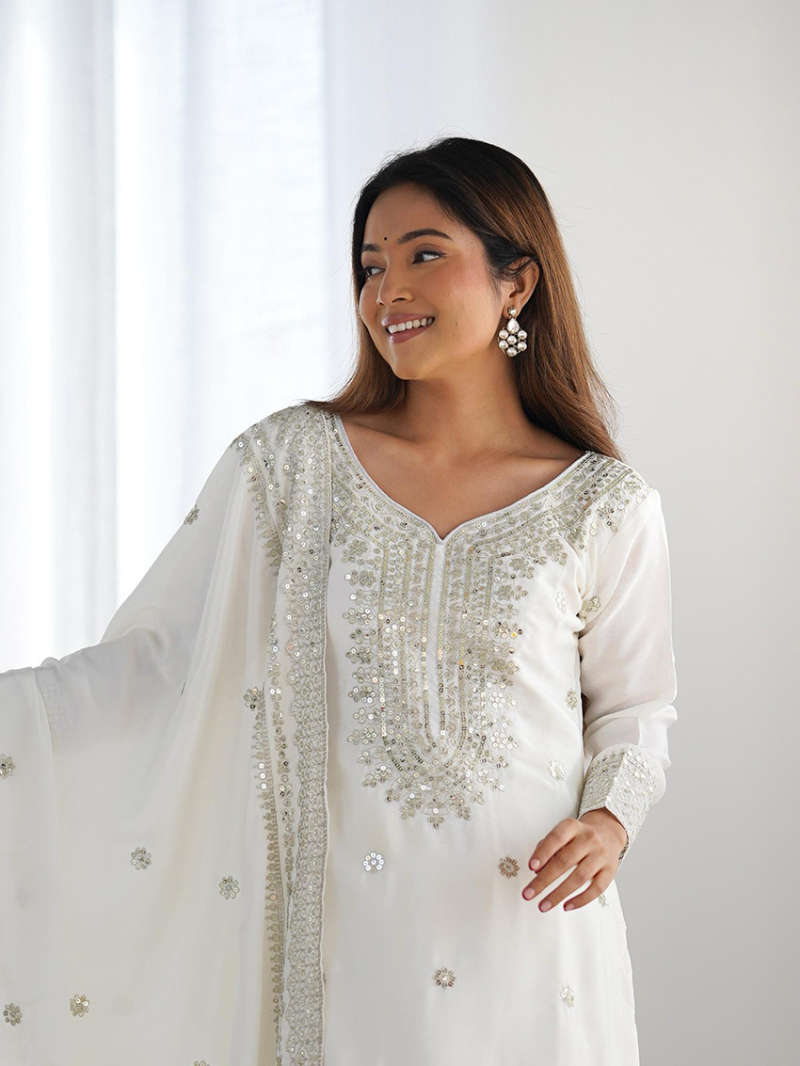 Traditional Ethanic White With Embroidered Sharara Plazo Suit