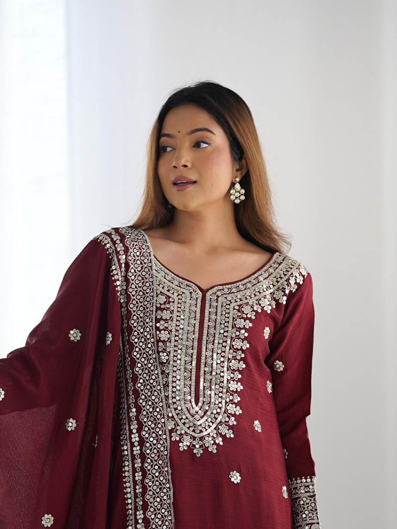Traditional Festive Maroon With Embroidered Sharara plazo Suit