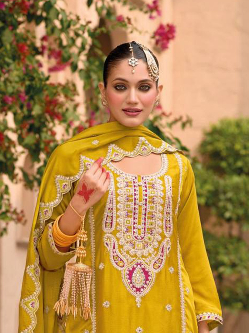 Heavy Traditional Festive Mustard Embroidered Plazo Suit