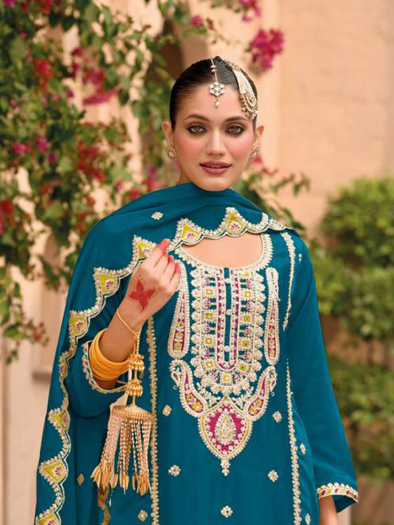 Elegant Traditional Teal Blue With Embroidered Plazo Suit