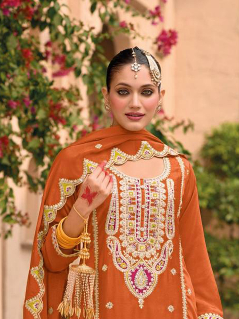 Authentic Elegant Traditional Rust  Embroidered Plazo Suit
