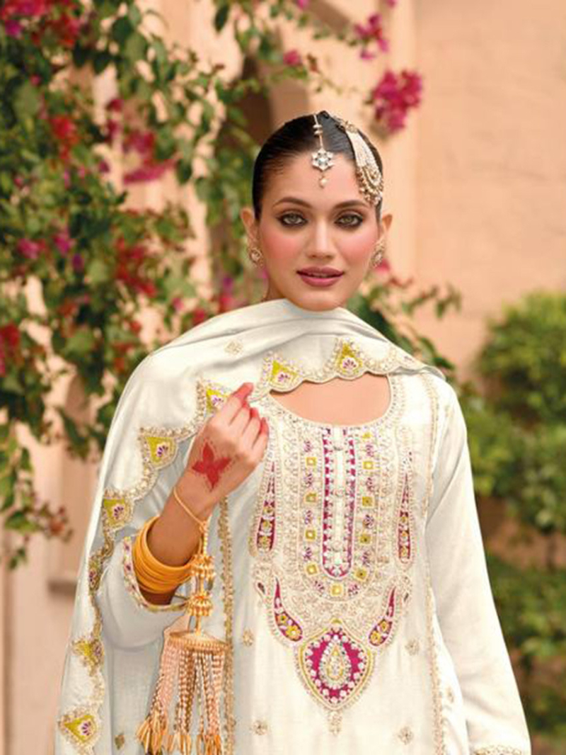 Heavy Traditional Off white With Embroidered Plazo Suit