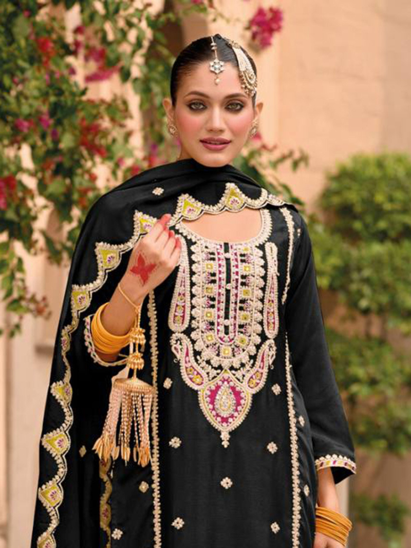 Heavy Traditional Black With Embroidered Plazo Suit