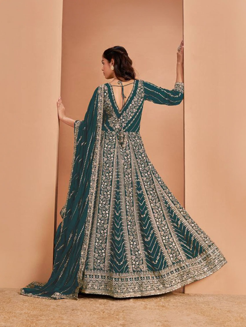 Heavy Wedding Embroidered Green Georgette Anarkali Suit
