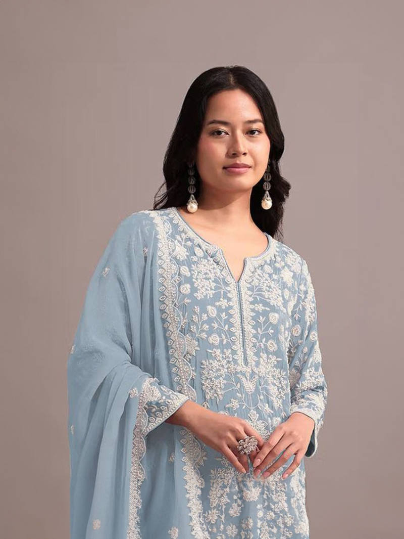 Elegant Traditional Pastel Blue Embroidered Sharara Suit