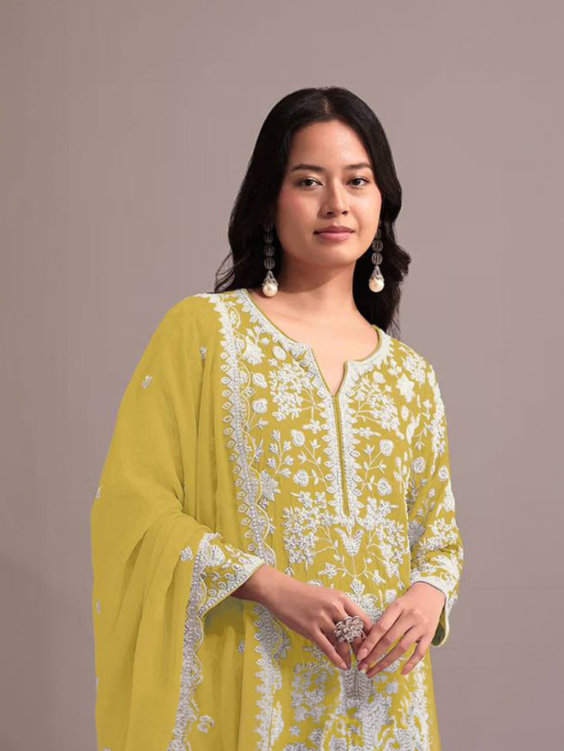Traditional Casual Mustard Yellow Embroidered Sharara Suit