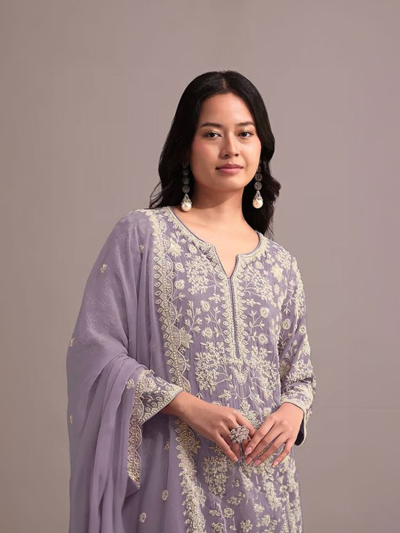 Traditional Casual Lavender Embroidered Sharara Suit