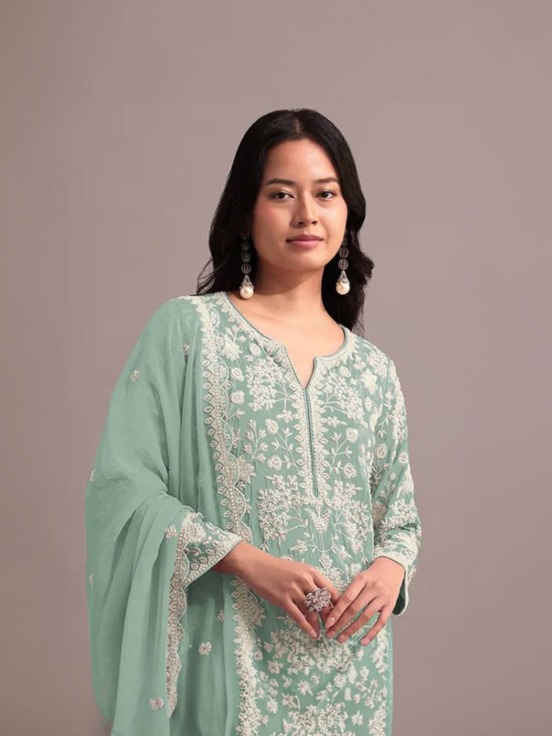 Traditional Elegant Pastel Green Embroidered Sharara Suit