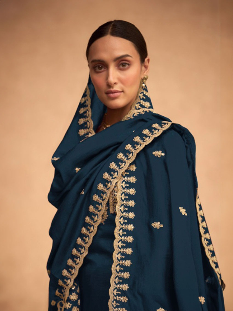 Elegant Teal Blue Embroidered Plazo Suit
