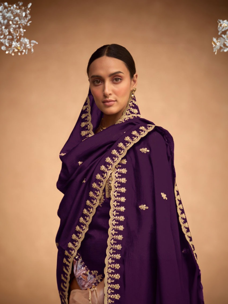 Elegant Wine Embroidered Plazo Suit