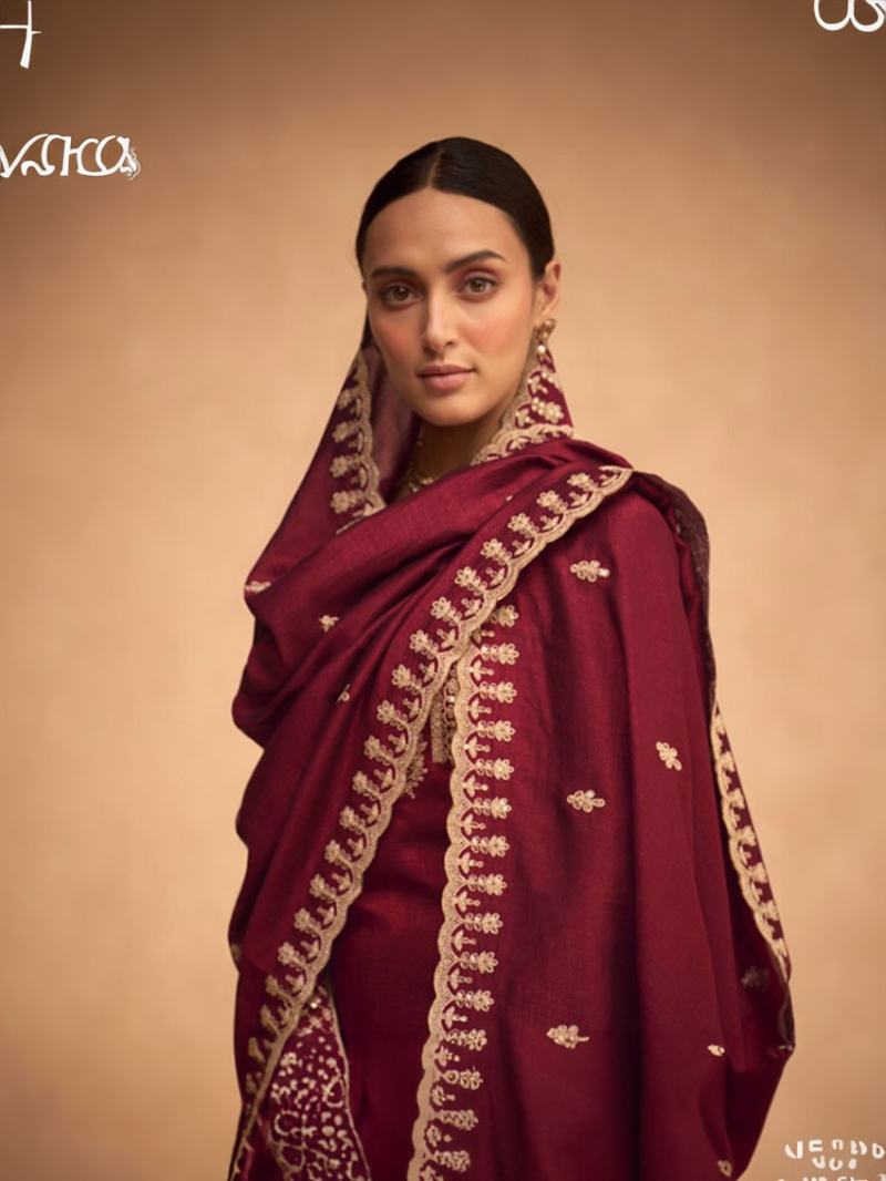 Elegant Traditional Rich Maroon Embroidered Plazo Suit 