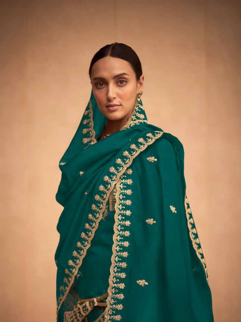 Heavy Traditinoal Teal Green Embroidered Plazo Suit