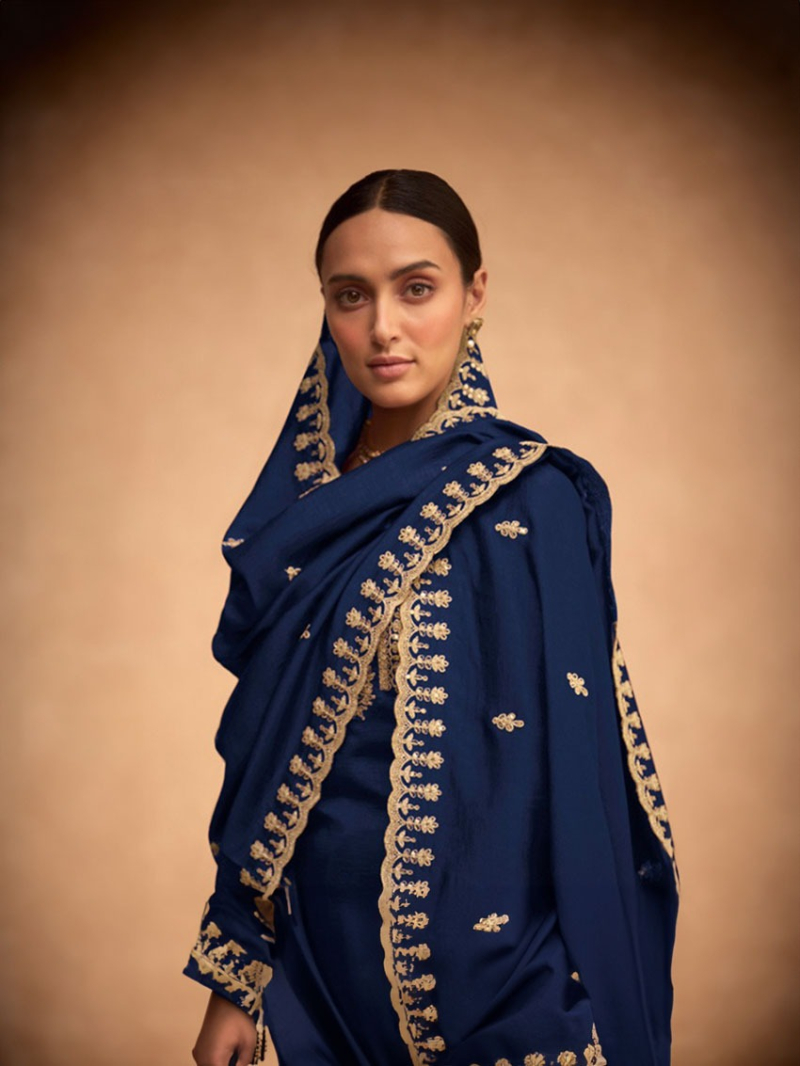Elegant Traditional Navy Blue Embroidered Plazo Suit