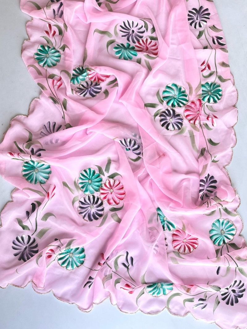 Elegant Ethnic Hand-Painted Baby Pink Pure Georgette Saree
