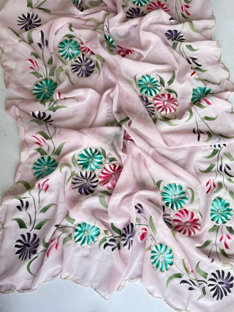 Elegant Ethnic Hand-Painted Lilac Pure Georgette Saree
