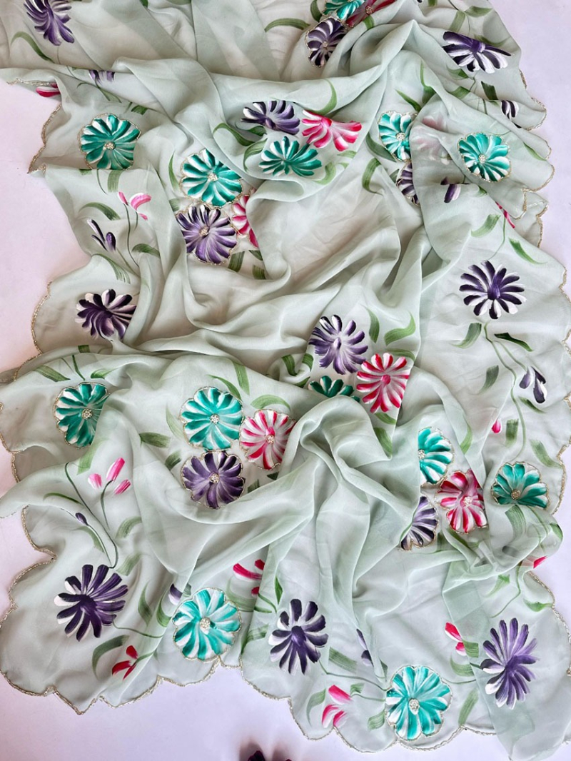 Elegant Ethnic Hand-Painted Pista Green Pure Georgette Saree