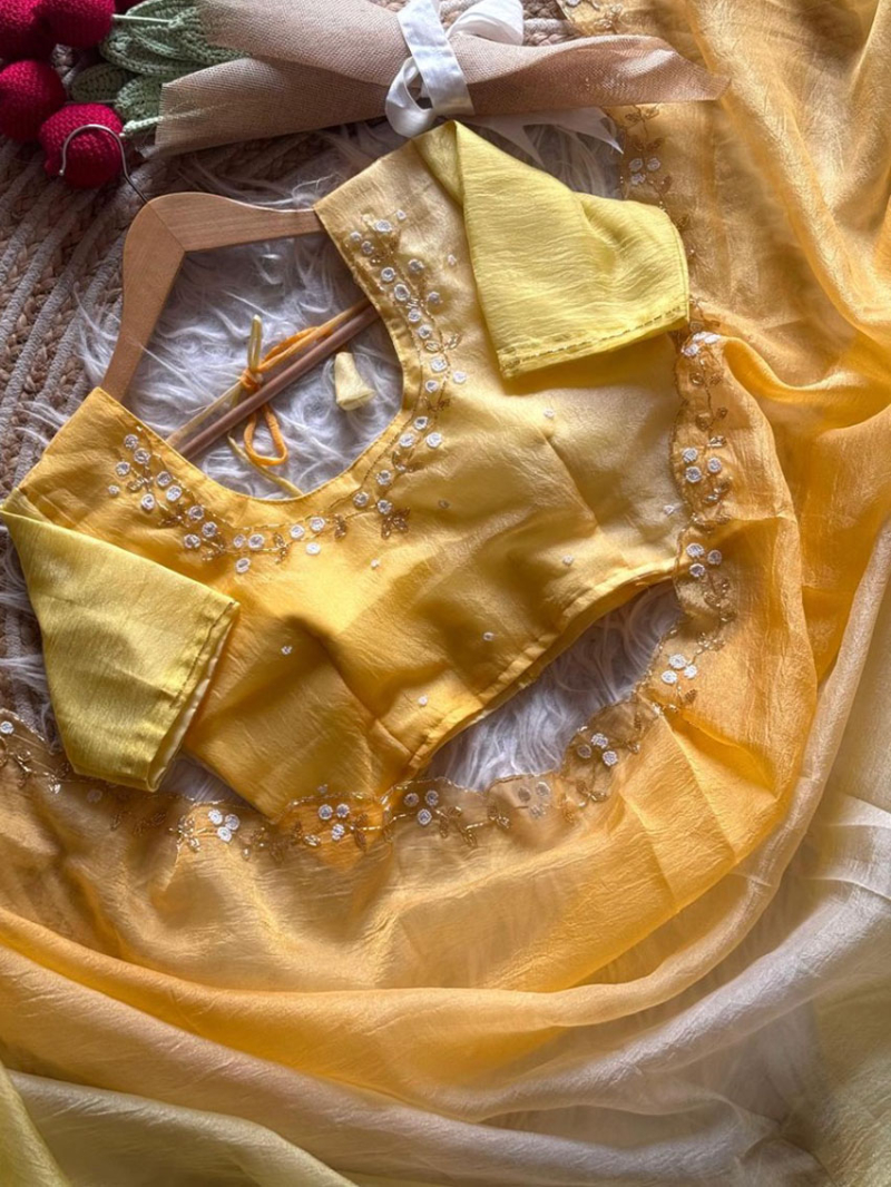 Traditional Festive Dual Tone Sunshine Yellow Semi-Crushed Saree