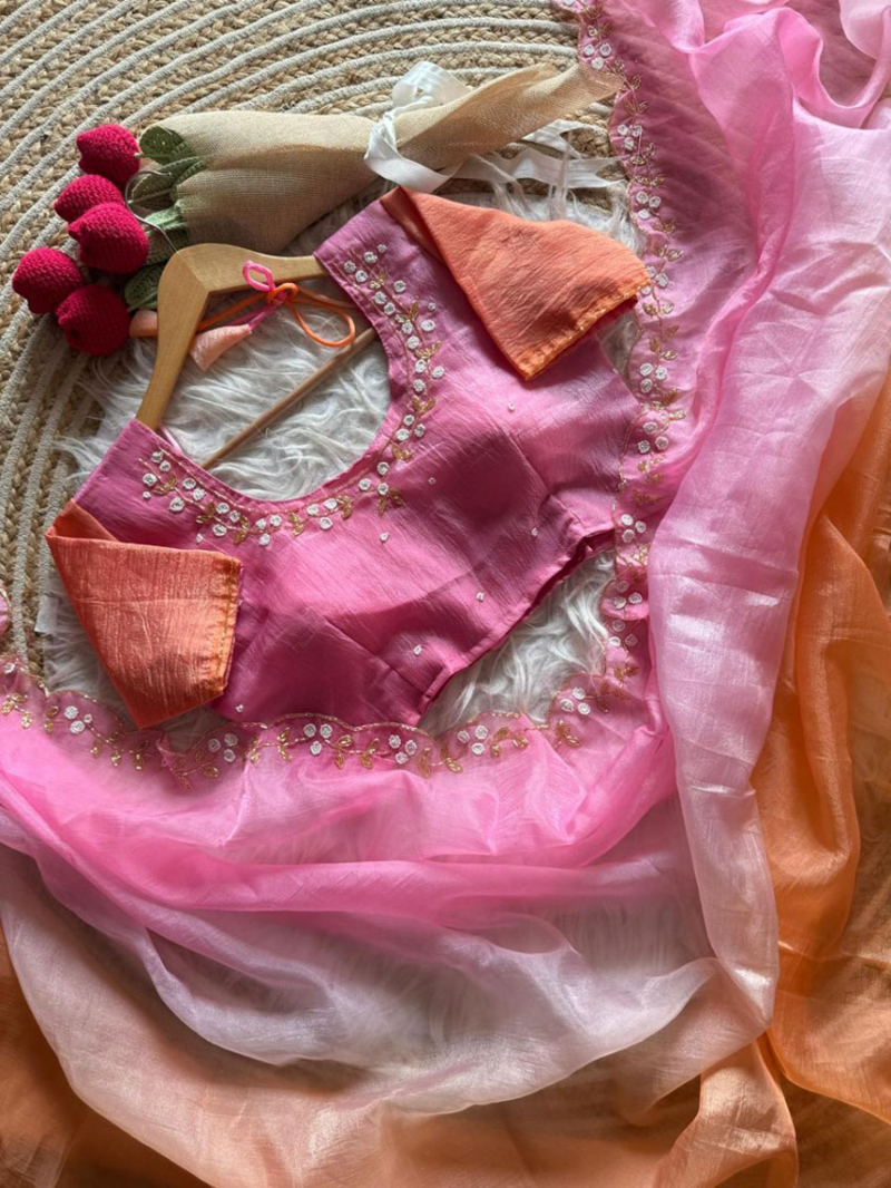 Ethnic Traditional Dual Tone Peach & Pink Semi-Crushed Saree
