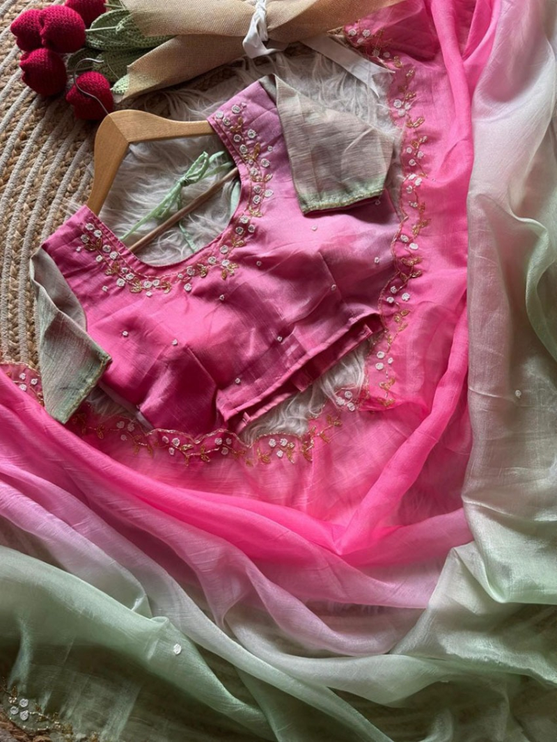 Festive Traditional Pink & Pastel Green Dual Tone Semi-Crushed Saree