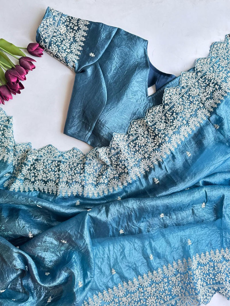 Authentic Ethnic Festive Teal Blue Pure Silk Saree