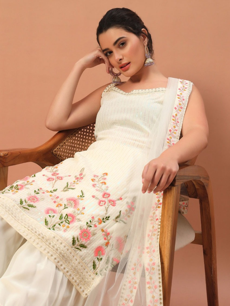 Elegant Heavy Georgette Pearl White Sharara Suit