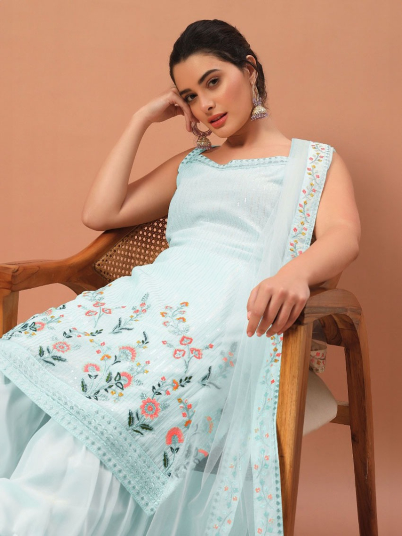 Elegant Traditional  Sky Blue Georgette Sharara Suit