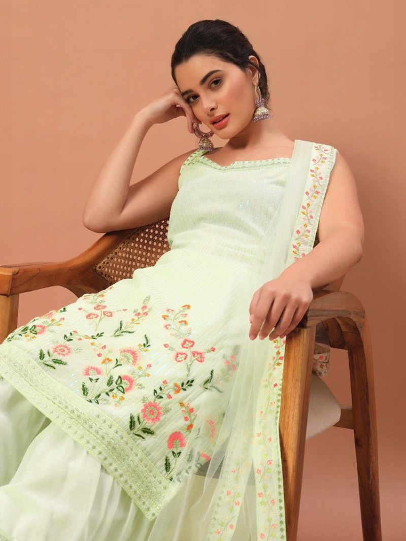 Traditional Casual Lime Green Georgette Sharara Suit 
