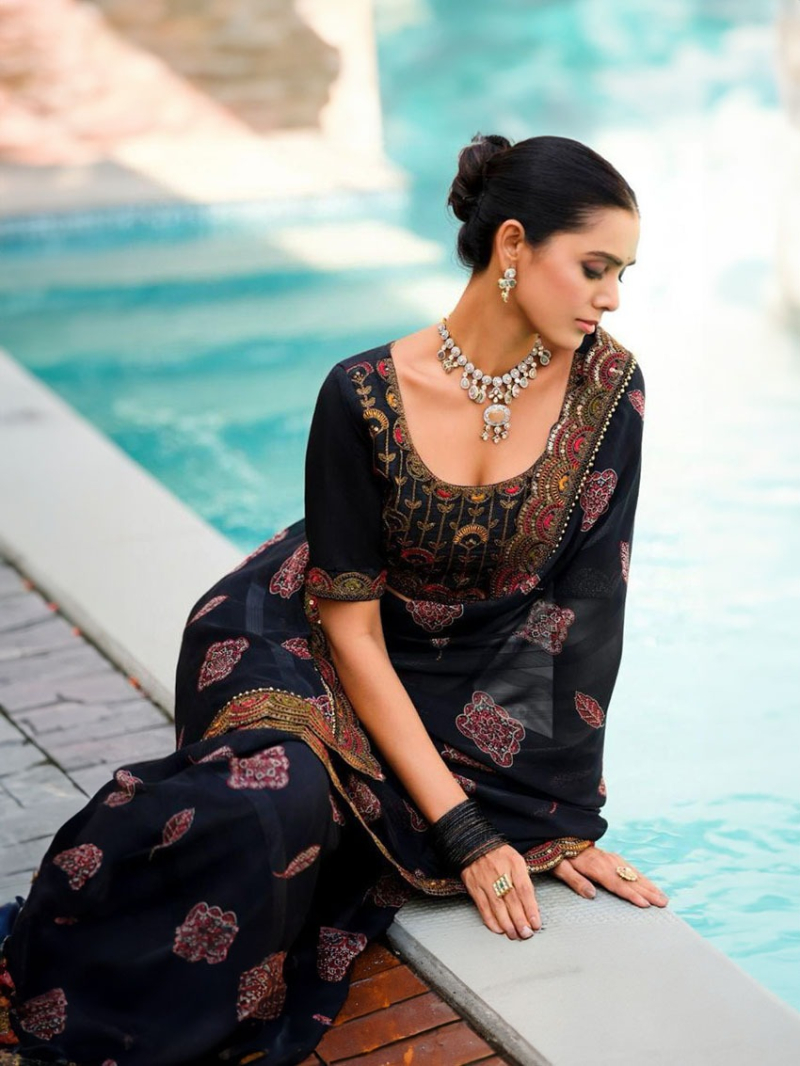 Authentic Black Soft Viscose Georgette Saree