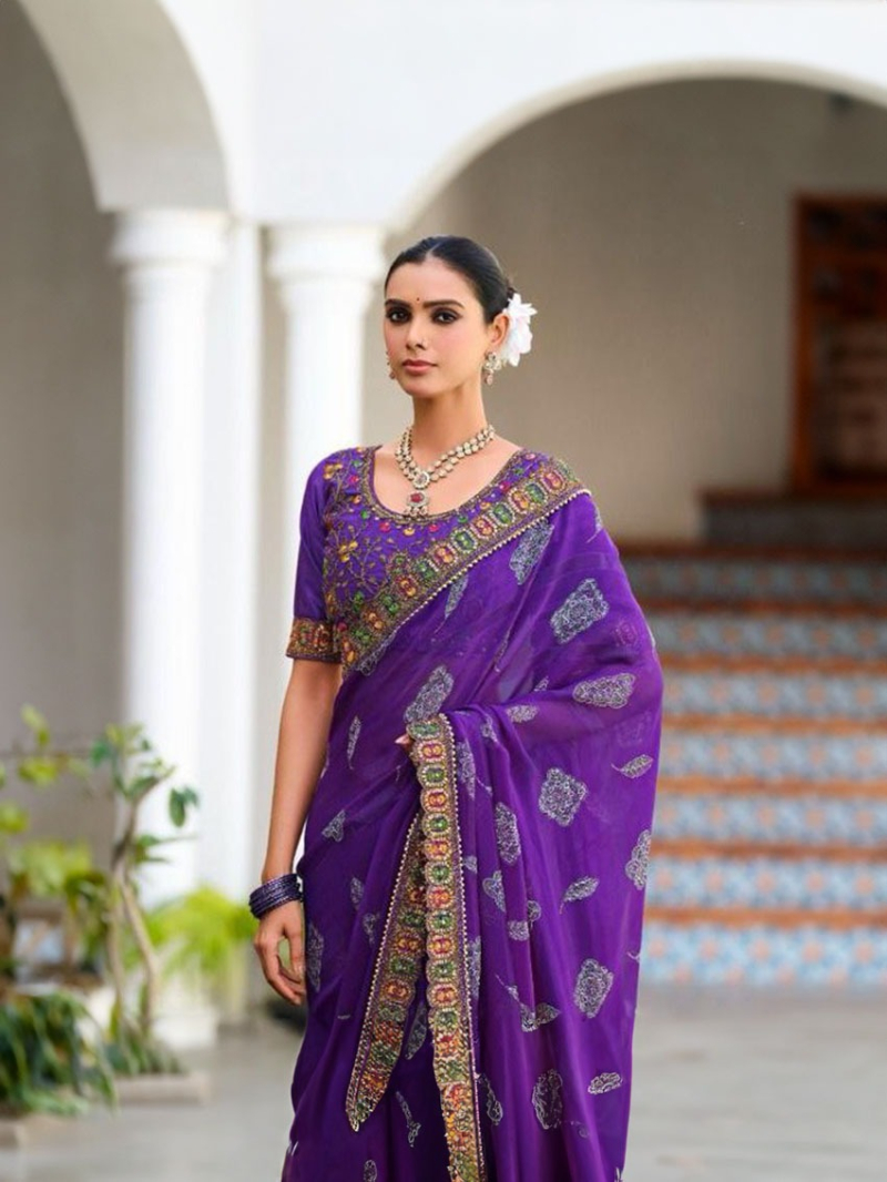 Royal Purple Viscose Georgette Saree with Rajwadi Embroidery Work