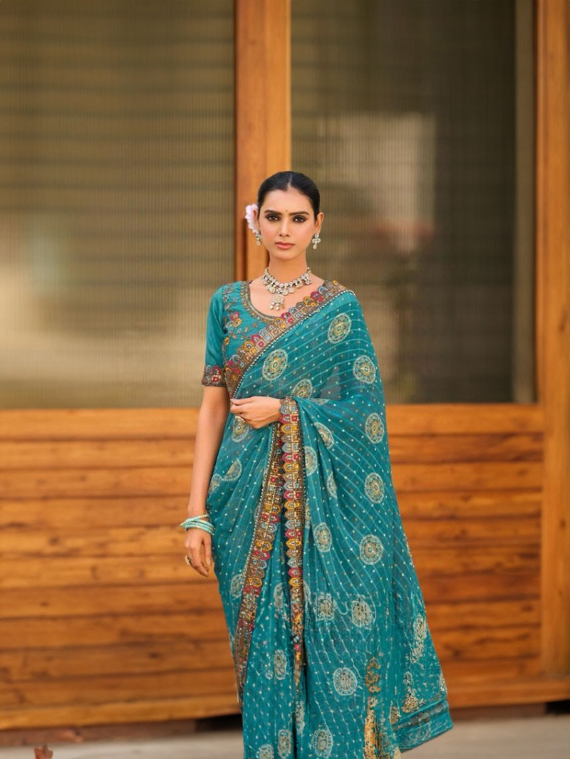 Authentic Teal Green Soft Viscose Georgette Saree