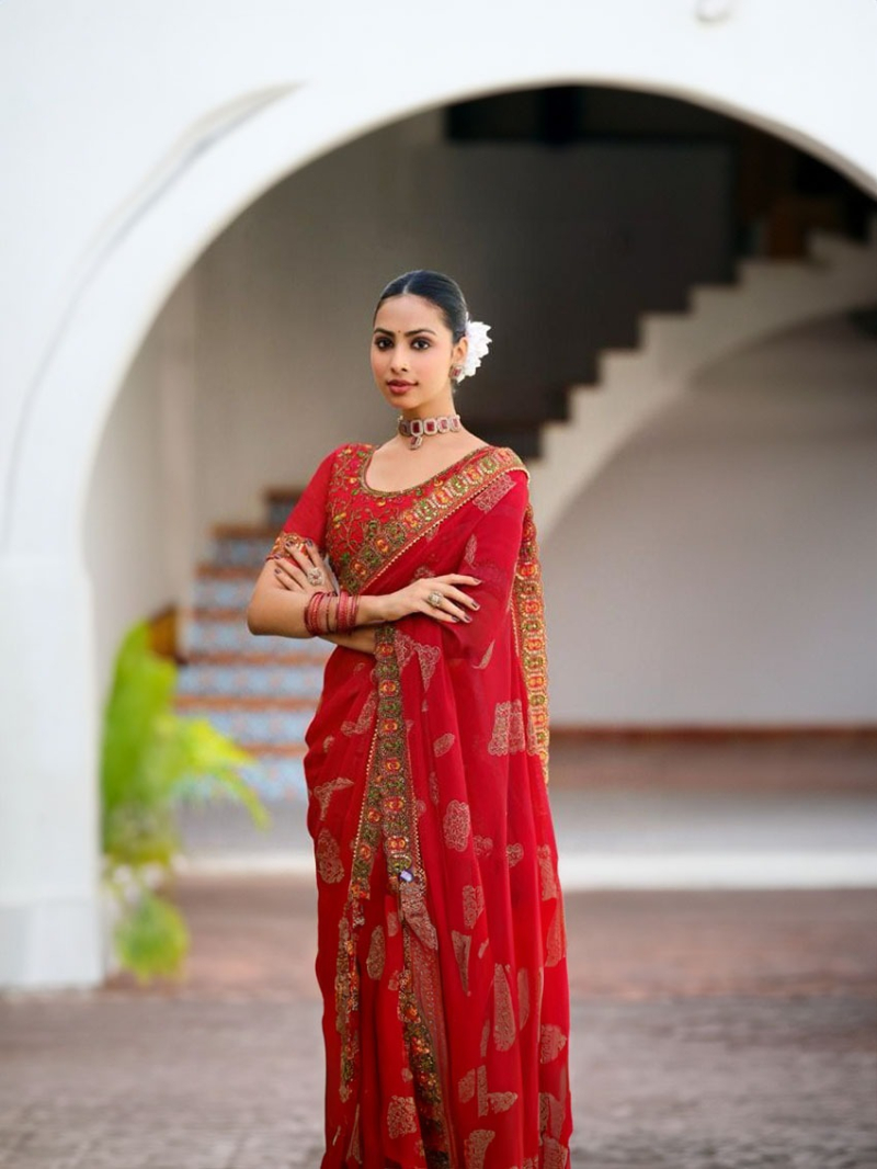 Festivewear Red Soft Viscose Georgette Saree