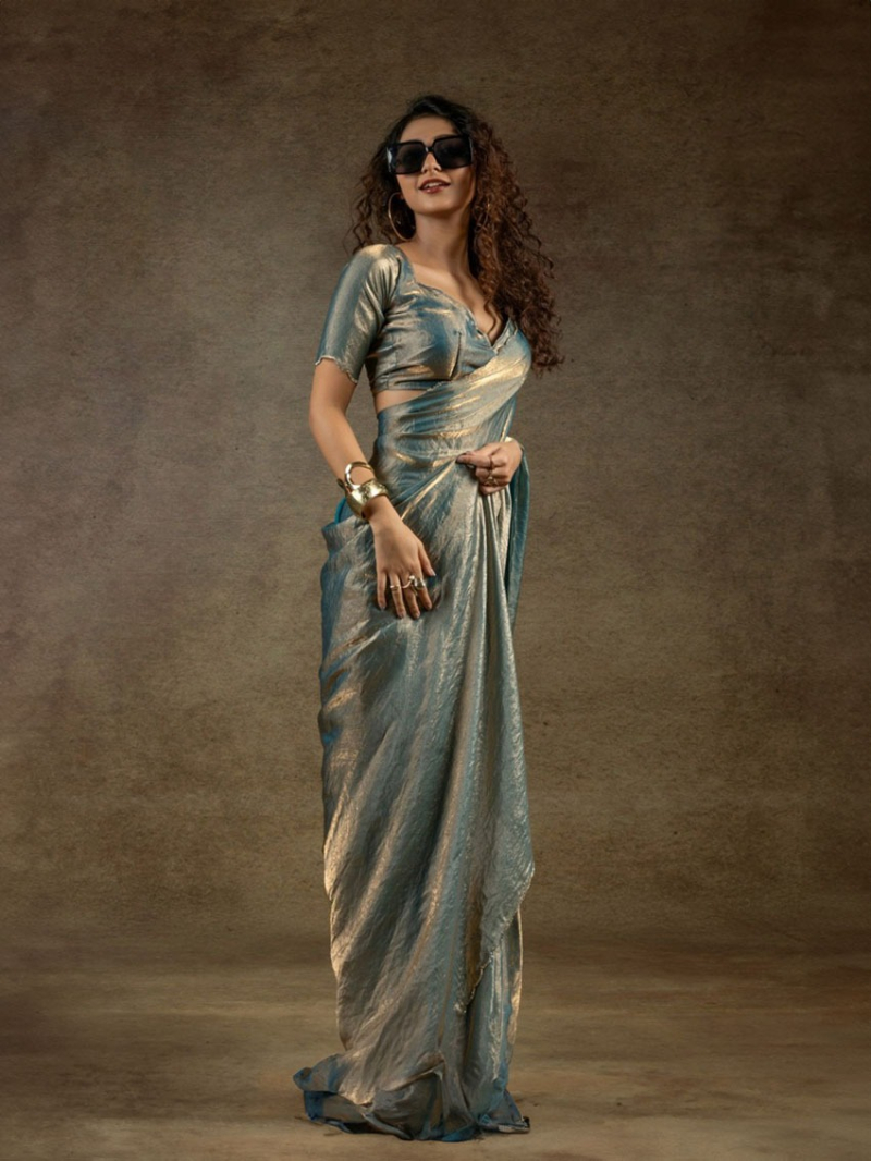 Elegant Metallic Blue Satin Silk Saree