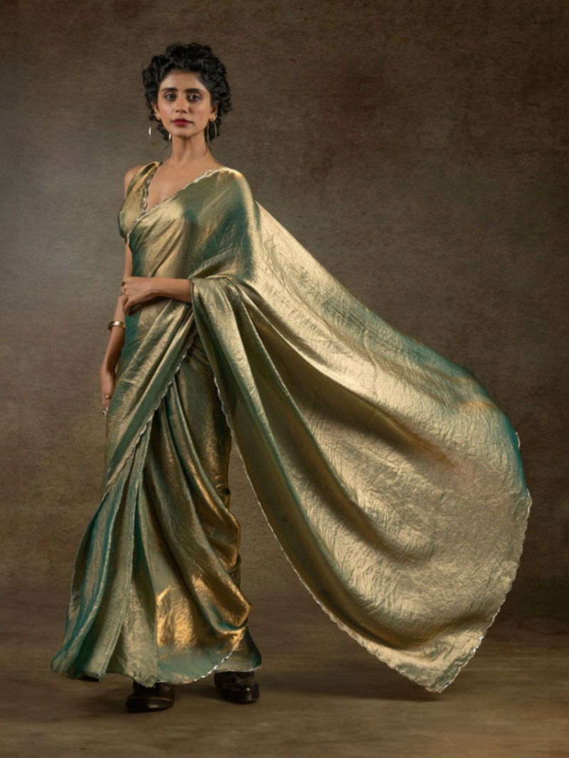Authentic Metallic Green Satin Silk Saree