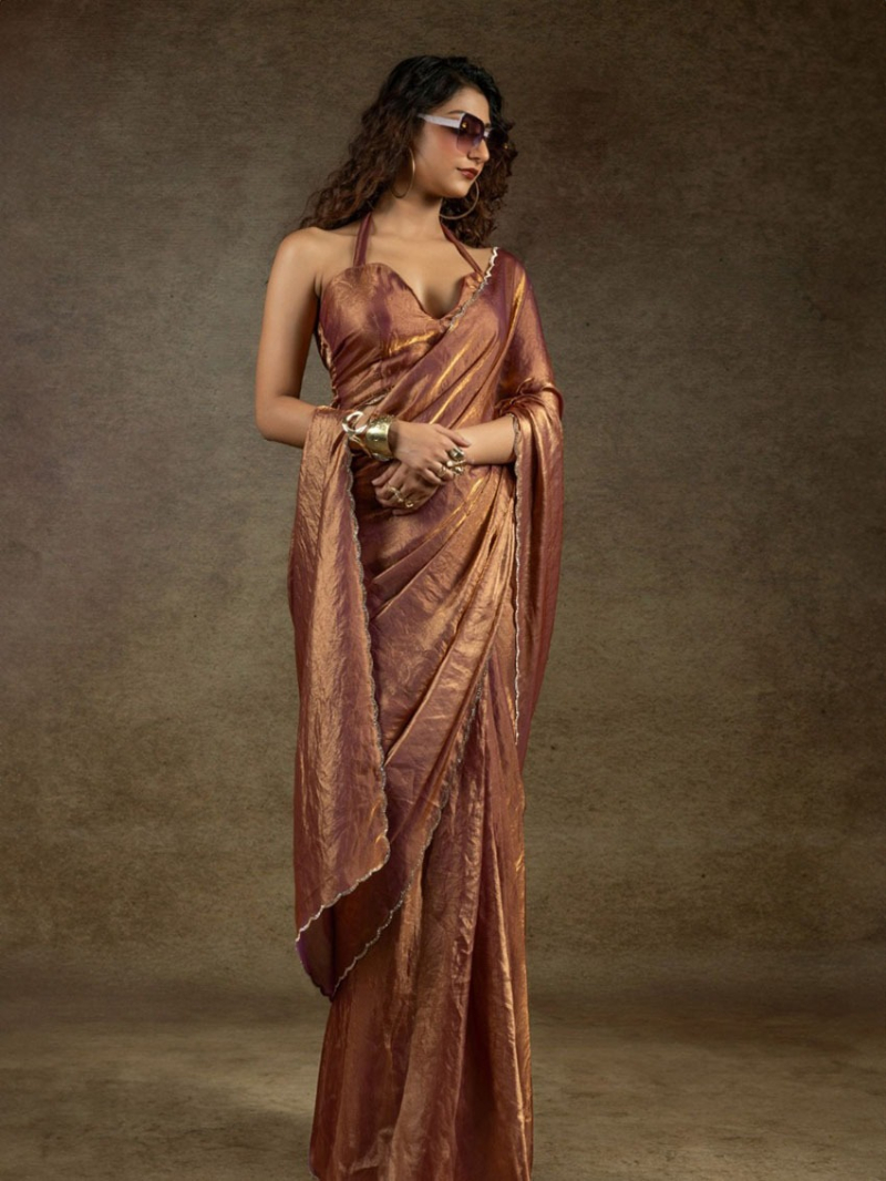 Elegant Metallic Brown Satin Silk Saree