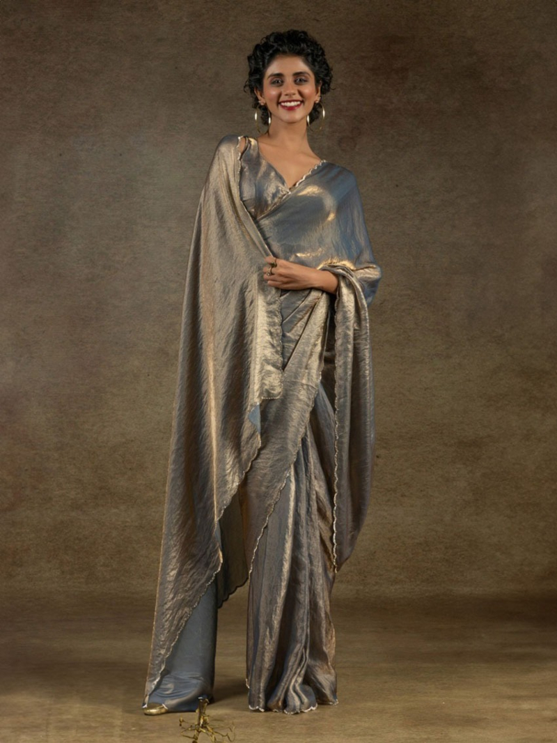 Partywear Metallic Grey Satin Silk Saree