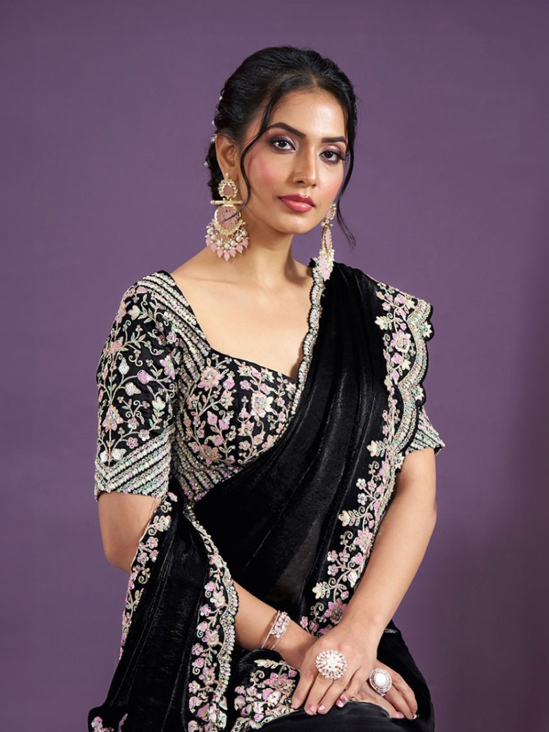 Festive wear Two Tone Black Satin Silk Saree