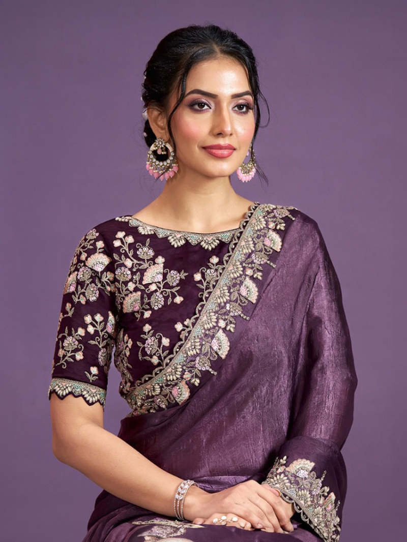 Elegant Plum Crepe Satin Silk Crush Saree