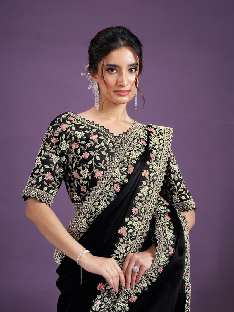 Classic Black Satin Silk Saree