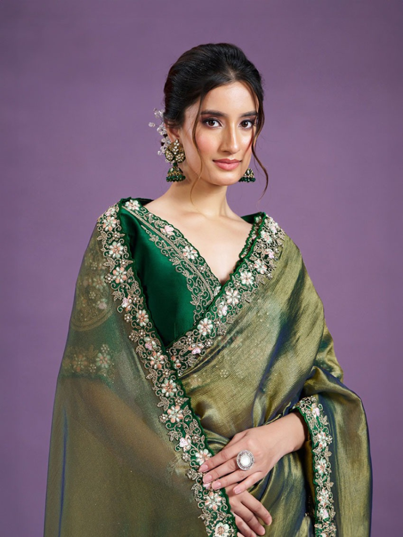 Olive Green Glass Tissue Saree